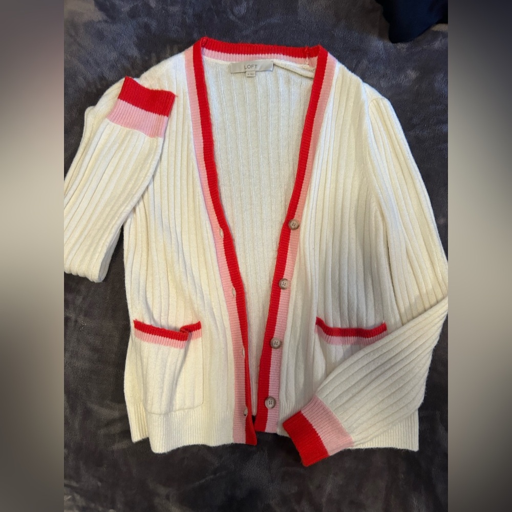 LOFT White and Red Cardigan Sweater with V-Neck